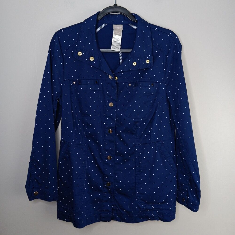 Chicos Jacket Womens Sz 1 (8-10) Utility Luxe Twill Blue Polka Dot Snaps Casual